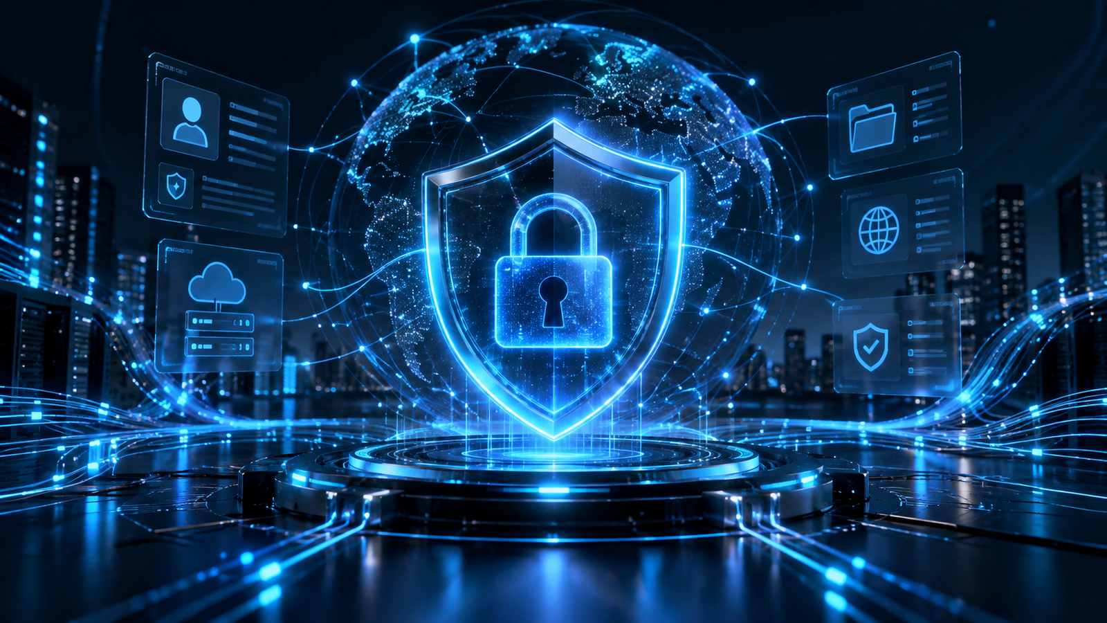 Escudo digital representando proteção de dados, privacidade e segurança da informação