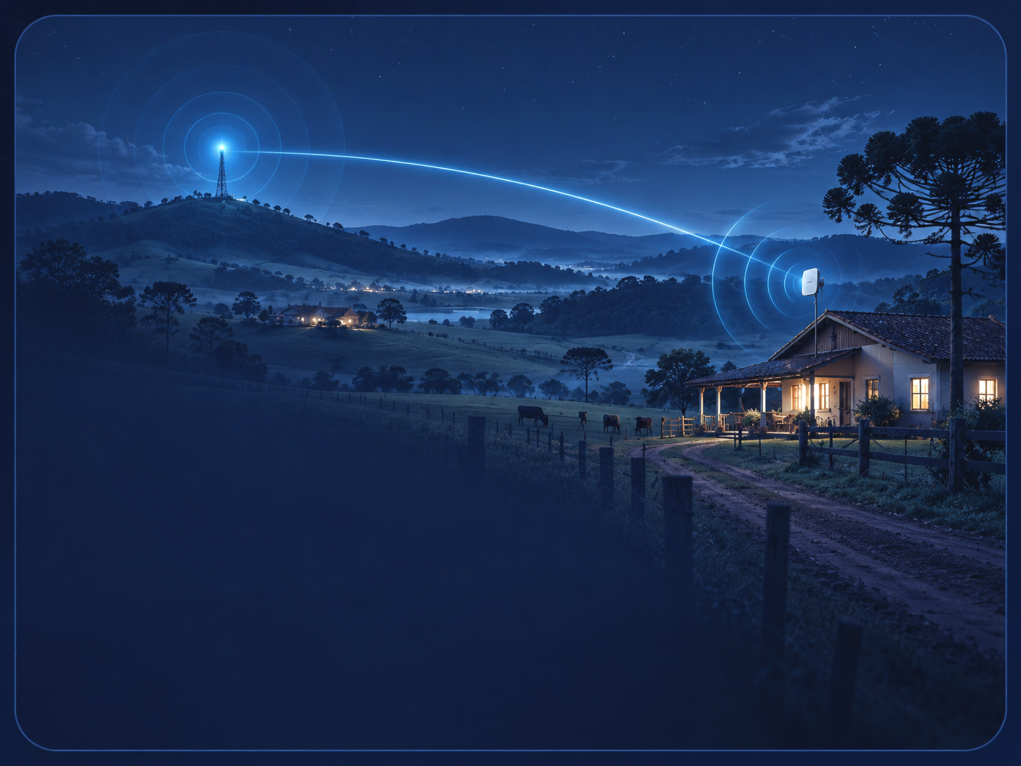 Conexão via rádio no interior, com torre atendendo uma casa em área rural