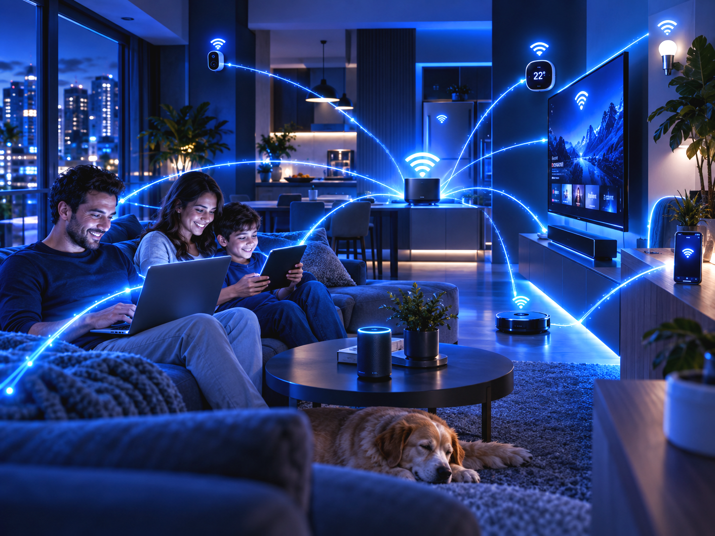 Casa inteligente conectada por Wi‑Fi e fibra óptica